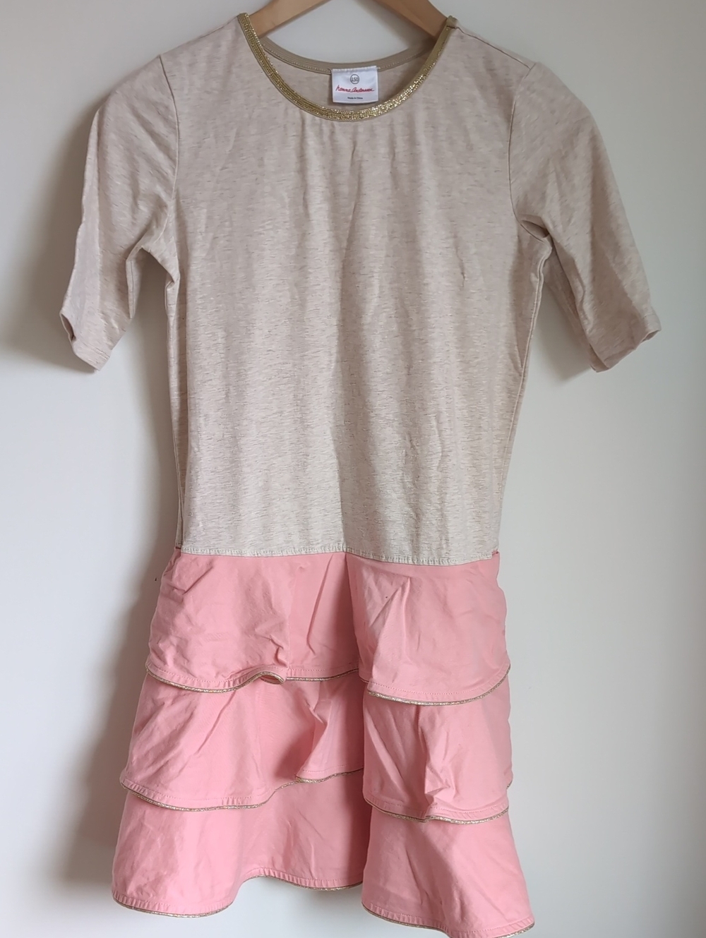 Hanna Andersson Cream Top Pink Tiered Ruffle Dress with Gold Neckline